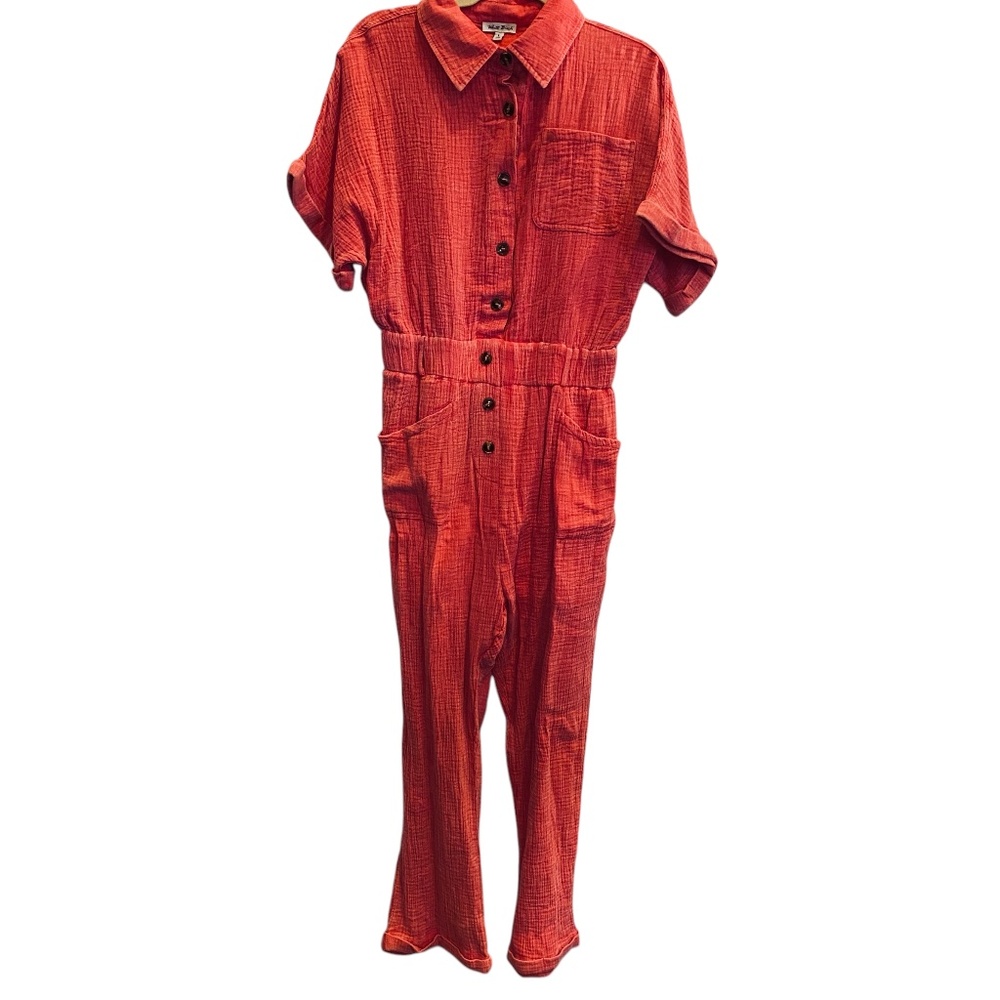 White Birch Gauze Texture Short Sleeve Jumpsuit hot pink sz L
